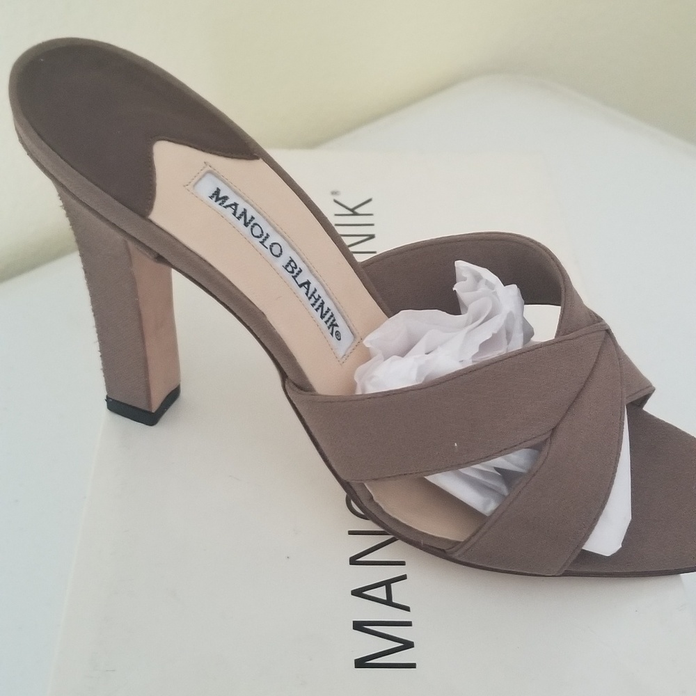 Manolo Blahnik Taupe Cross-Strap Satin Heels - Picture 2 of 4